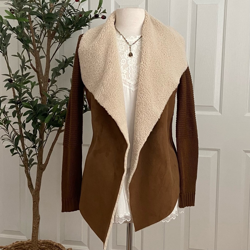 Chocolate Suede Sweater Cardigan Jacket Vegan Shearling Open - Picture 5 of 16